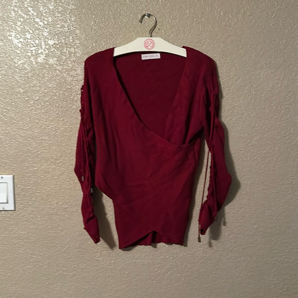 HWA  red sweater unique size small with ties on arms so cute.